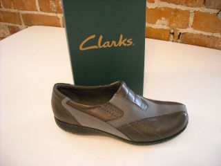 Clarks GRAY Leather Slip On Bingo Comfort Shoe NEW