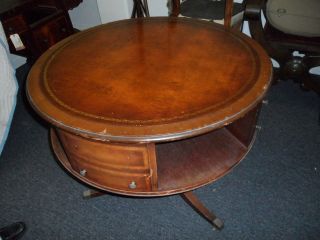    1950 Vintage Leather Top with Gold Leaf Embossed Rotating Drum Table