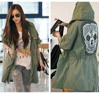   Lady Womens Military Parka Button Trench Skull Back Hooded Jacket Coat