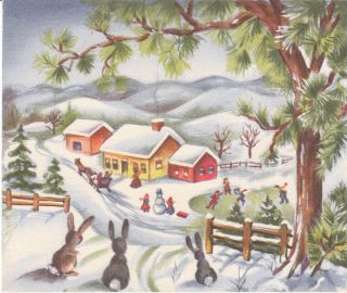 Vintage Christmas Card Rabbits Cottage Snowman Snow Sleigh