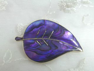 Alpaca Mexican Silver & Purple Abalone Leaf Brooch / Pin Pretty