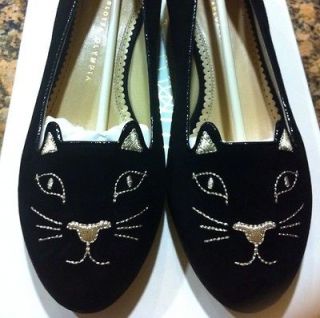 Charlotte Olympia Cat Kitty Smoking Slipper Black Suede Gold Flats 