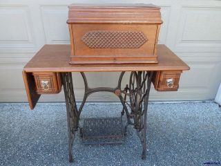 1891 Singer Fiddle Base Sewing Machine Coffin Top Treadle Cabinet Rare 