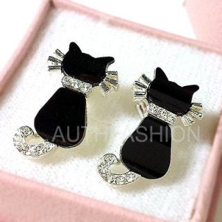 Womens Animal Kitty Stud Earrings Cat Kitten Crystal Free Gift Box 