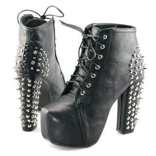   black spike stud platform lace up ankle booties boots heels shoes US 9