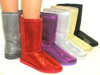   Cute! Sequins Glitter *FAUX FUR LINED* Ankle Calf High Boot Bootie