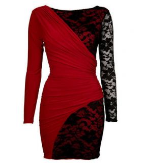 Drape And Lace Detail Bodycon Dress with Red Lining in RED/BLACK ,S/M 