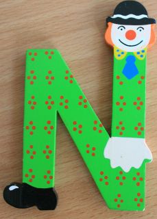 Small Green Wooden Letter N shaped like a clown