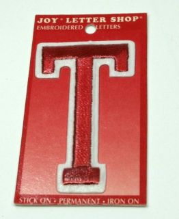Embroidered Letter T   3 inch    Stick On   Iron On   Red & White