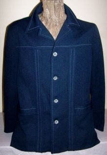 VINTAGE NAVY LEISURE SUIT JACKET POLYESTER LT BLUE TOP STITCHING   40 
