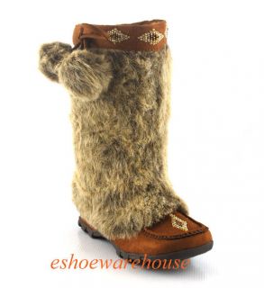   Faux Fur Cutie Chic Eskimo Mukluk Moccasin Flat Mid Knee Boots Pom Pom