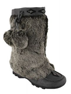 SKU Moccasin Mukluk Faux Fur Suede boots with Pompoms Dangles Gray 
