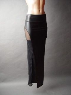   Leather Sheer Mesh Slit Split High Waist Pencil Long Maxi Skirt XS/S