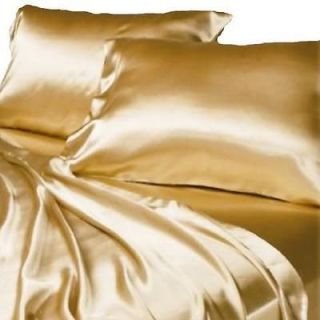 LUXURY KING GOLD SILK~Y SATIN BED SHEETS+PILLOWCASES DP PKT SET
