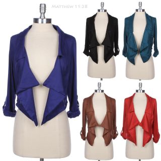 Cropped Roll Up Sleeve Solid Plain Cotton Open Blazer Jacket Casual 
