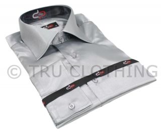 Mens Italian Design Silver Silk Satin Finish Shirt Smart Slim Fit