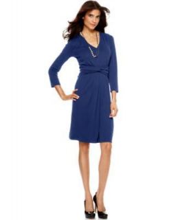   York NEW Blue Pleated Knot Front V Neck Wear to Work Dress Petites PL