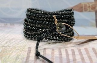 Chan Luu Wrap Bracelet   Black Beads with Black Leather Cord and Gun 