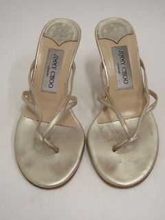 Jimmy Choo Gold Metallic Leather Thin Strap Mother of Pearl Heels 36