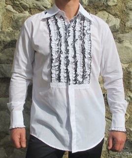   White Ruffle Frill Tuxedo Dress Dinner Disco Tailored Shirt New 60 70