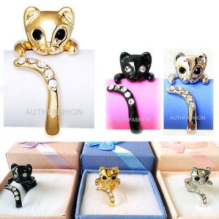 Animal Cat Ring Swarovski Crystals Kitten Free Size Free Gift Box 