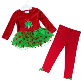 Girls Kids Christmas Tree Party Waist Cute Bow Tutu Dress+ Red 