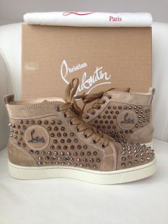 CHRISTIAN LOUBOUTIN LOUIS FLAT TAUPE SUEDE SPIKES HI TOP SNEAKERS 