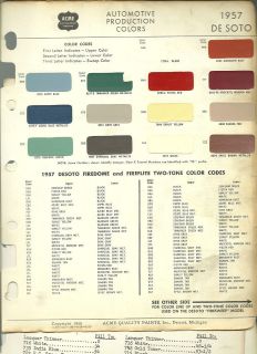 1957 DeSOTO Color Chip Paint Sample Brochure / Chart ACME, FireDome 