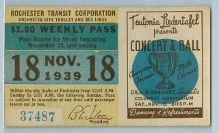 1939 TRANSIT TICKET/PASS Rochester New York TEUTONIA LIEDERTAFEL 