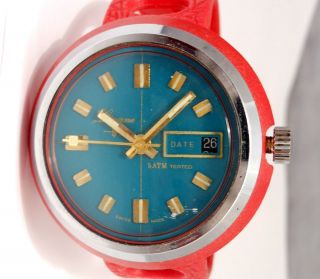   LUCERNE 5ATM RED BAND CASE GOLD TONE TEAL DIAL WATCH MANUAL GROOVY