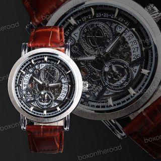   Fashion Date Men Brown Leather Band Skeleton Mechanical Wrist Watch