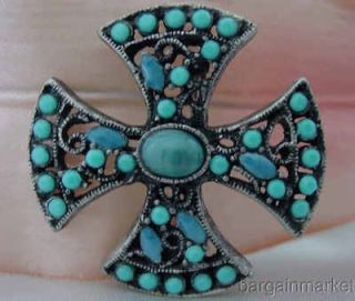 Antiqued Silver Turquoise Maltese Cross Brooch Pin #3210