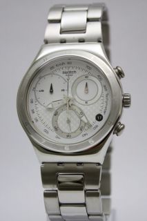 New Swatch Men Irony Chrono Oblique End White Steel Band Date Watch 