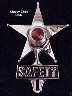 SAFETY STAR Red Chrome license topper NEW 6 or 12 Volt (Fits 1950 