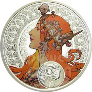 ARIES Horoscope Zodiac Mucha Silver Coin 1$ Niue Island 2011