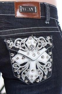   CO booty jeans LEATHER CROSS straight RHINESTONES 32 bling 11 ~buy me