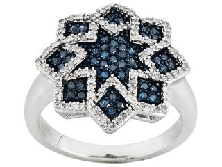   75ctw Round White And Blue Diamond .925 Sterling Silver Starburst Ring