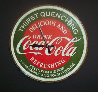 COCA COLA Thirst Quenching 12 Round Tin Sign CLOCK