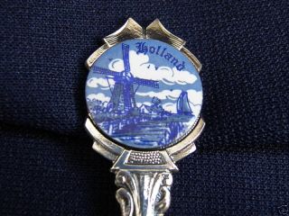   BLUE WHITE Collector Souvenir SPOON Windmill Scene Silverplate