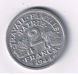 FRANCE 2 FRANCS 1944 C EXTRA FINE FRENCH ALUMINUM COIN