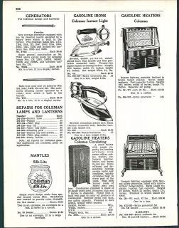 1938 AD Coleman Gas Gasoline Heaters Instant Light Irons Lanterns