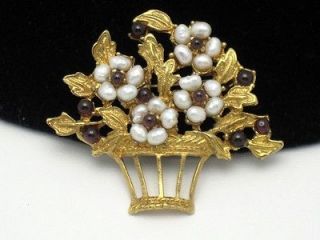 Vintage SWOBODA Genuine Gemstone Floral Basket Pearl Garnet Brooch Pin