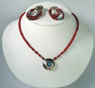   Sterling Silver Coral & Turquoise Necklace With Earrings Older 