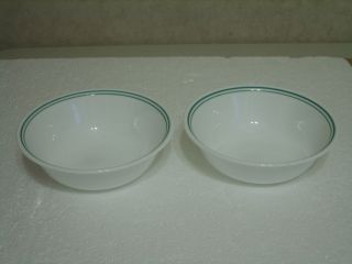 CORELLE SET OF 2 CEREAL BOWLS DOUBLE GREEN BANDS AROUND RIM