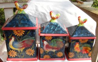 SUSAN WINGET SUNFLOWER ROOSTER CANISTERS 6 PC CHICKEN CERAMIC