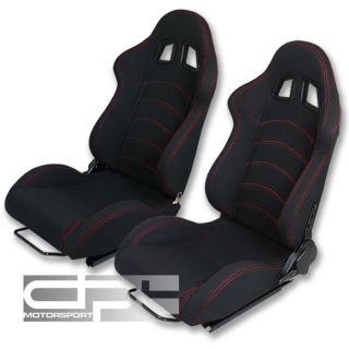   RED STITCH BLACK CANVAS TYPE R STYLE RACING BUCKET SEATS+SLIDERS