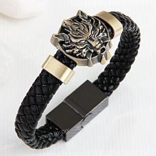 Black Leather Bronze Metal Wolf Bracelet Cuff Wristband 0.9