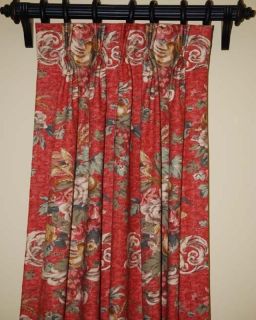   Lined Pinch Pleat Custom Made Red Green Gold Floral Drapes 1 Pair