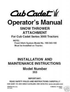Cub Cadet Snow Thrower attachment Operator Manual # 353