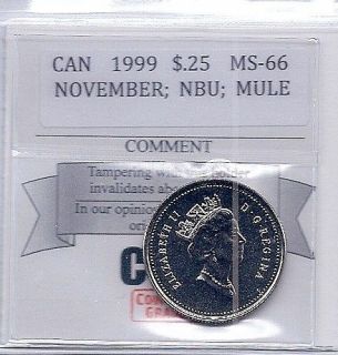 1999 November Mule** Twenty Five Cent **COIN MART GRADED **MS 66 NBU 